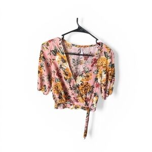 Xhilaration Pink Floral Wrap Crop Top with Tie Waist